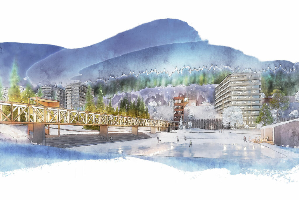 Talvinen havainnekuva, jossa luistellaan sillan ja kerrostalojen keskellä.