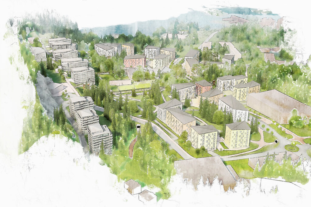 Havainnekuva uudesta, viheralueiden ympäröimästä asuinalueesta.